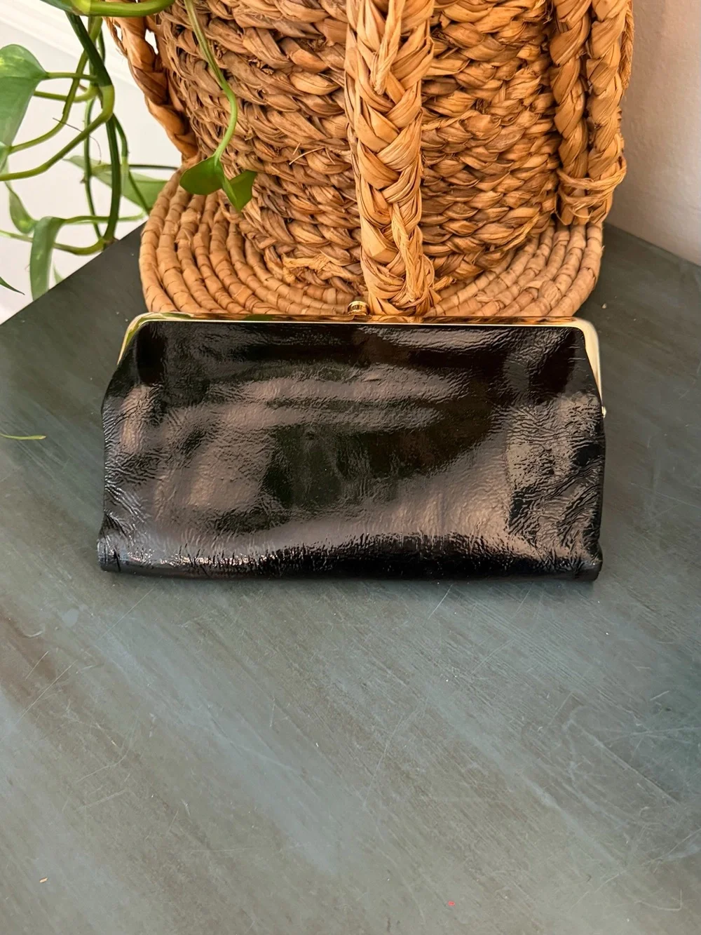 HOBO double wallet black with polka dots black and white lining.